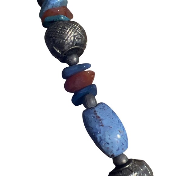 Handcrafted Chunky Beaded Necklace Natural Stones Ceramic Beads Silver Tone 28" - Picture 3 of 5